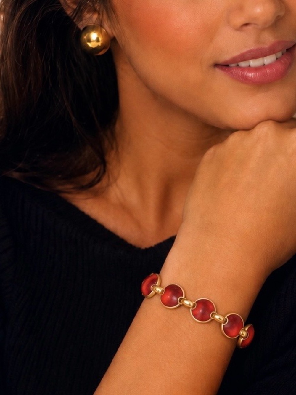 Vintage Gold Tone Red Enamel Link Bracelet Hook Clasp Retro